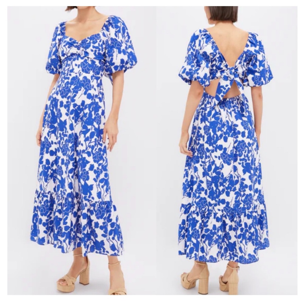 Blue Floral Backless Maxi Dress with Puff Sleeves